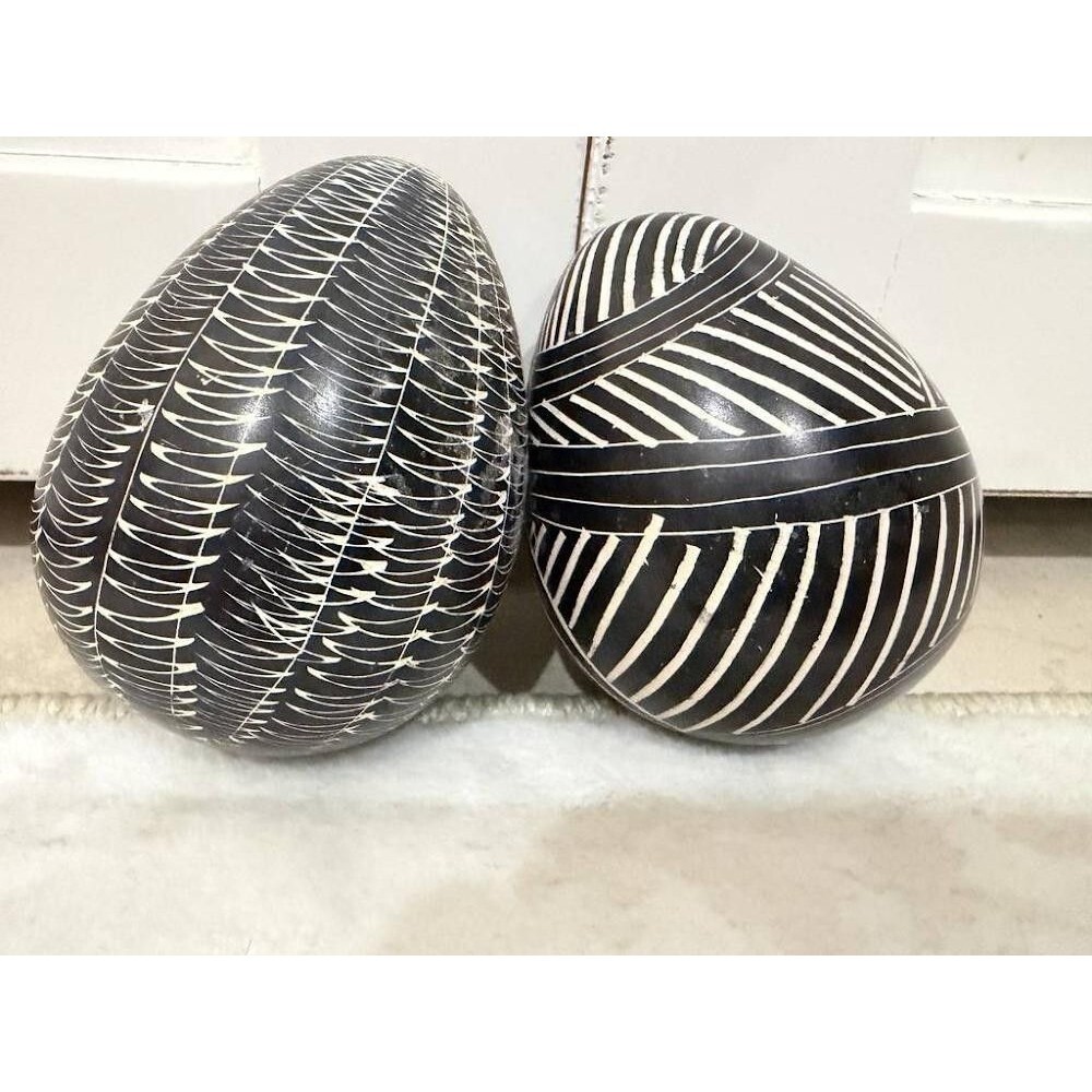 Pair Vintage Pier 1 Kenyan Hand Carved Soapstone Geometric Eggs